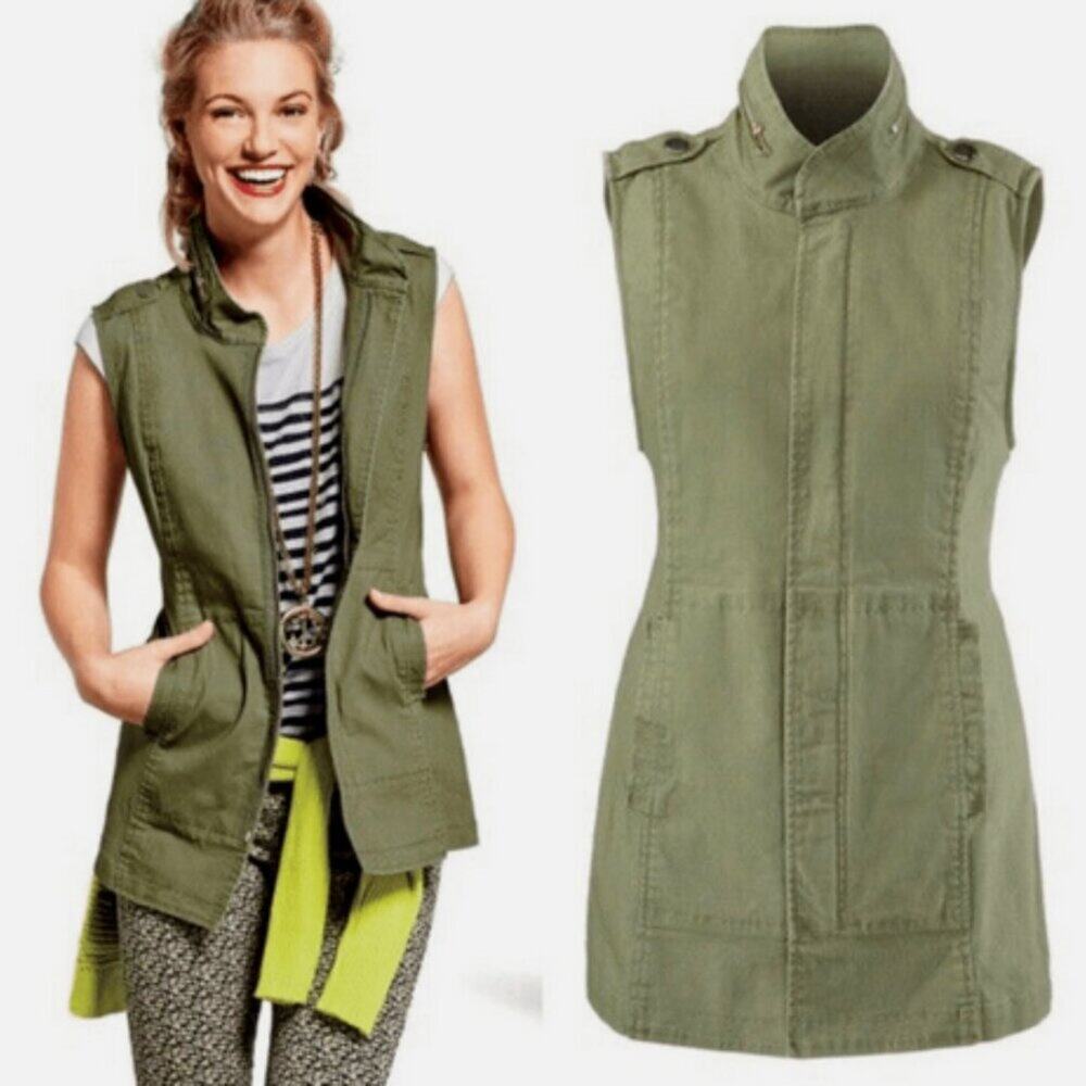 Cabi #5101 Explorer Utility Vest Zip Front Sleeveless Long Elastic Army Green